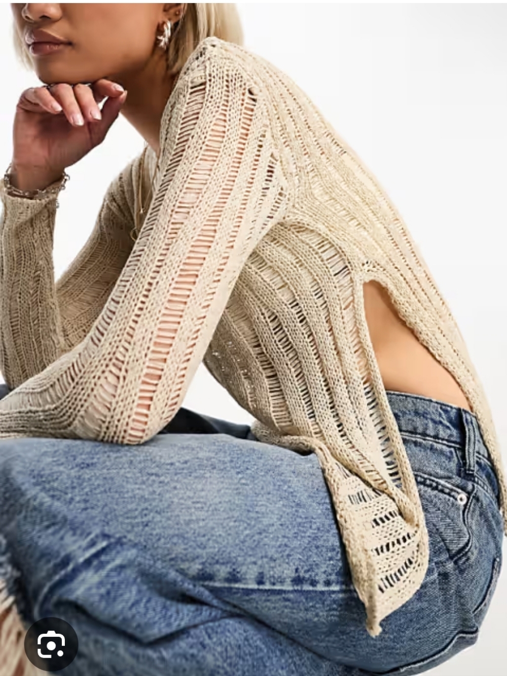 Moon River Open Knit Sweater, M, Asymmetrical Slit Beige Boho Coastal Light
